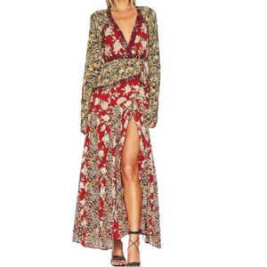 NWT Free People 100%  Cotton Tilda Faux Wrap Dress in Neutral Combo Size Large